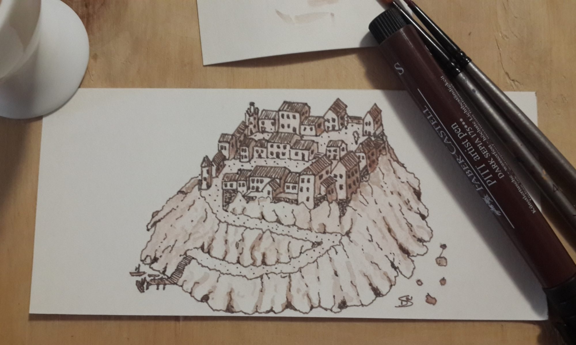 A village on an island mountain for imagery in DnD.